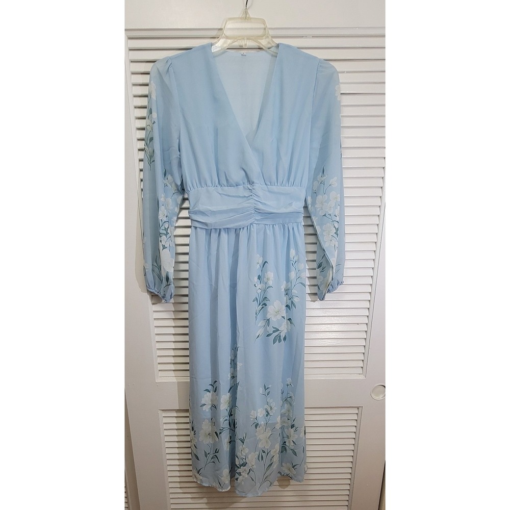Light Blue Floral Flowy Maxi Dress Long Sleeve Ruched Waist Size S